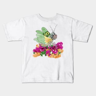 Original White and Green Butterfly Praying Mantis on orange and Purple Tulips sipping on some Tea Kids T-Shirt